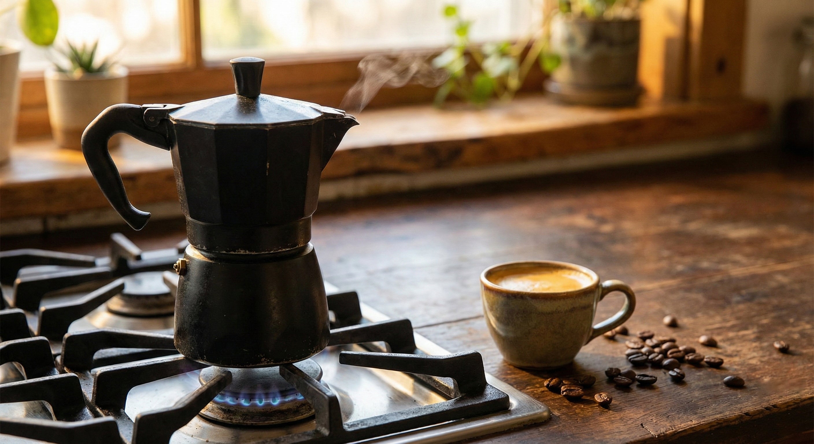 Banner panorámico de cafetera Moka italiana preparando café intenso sobre una estufa de gas. Escena cálida de mañana en cocina rústica para la colección de métodos de Alma de Mariposa.