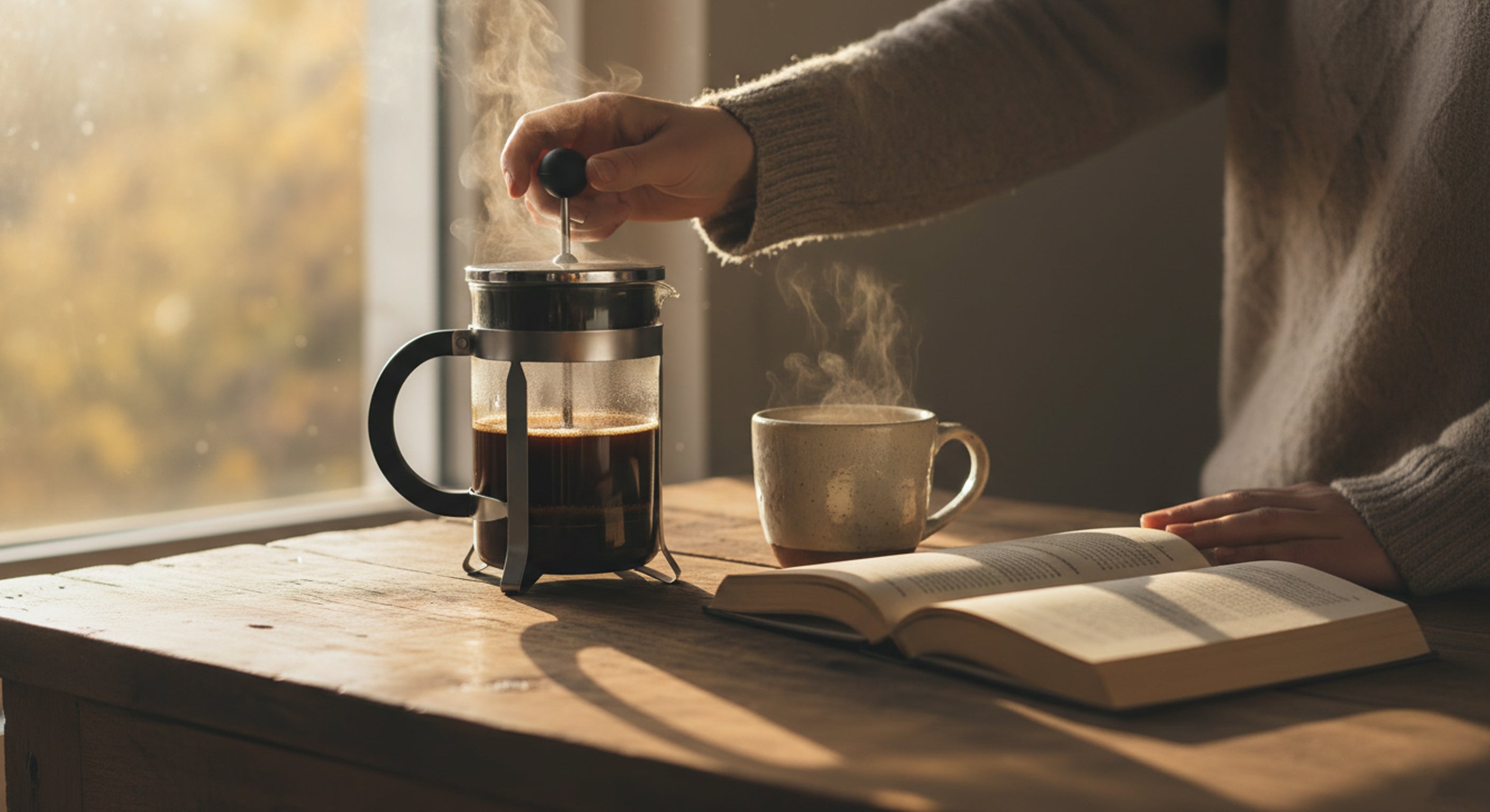 Banner panorámico de prensa francesa de vidrio filtrando café de especialidad. Ambiente íntimo y acogedor con taza de cerámica y libro para la colección de Alma de Mariposa.
