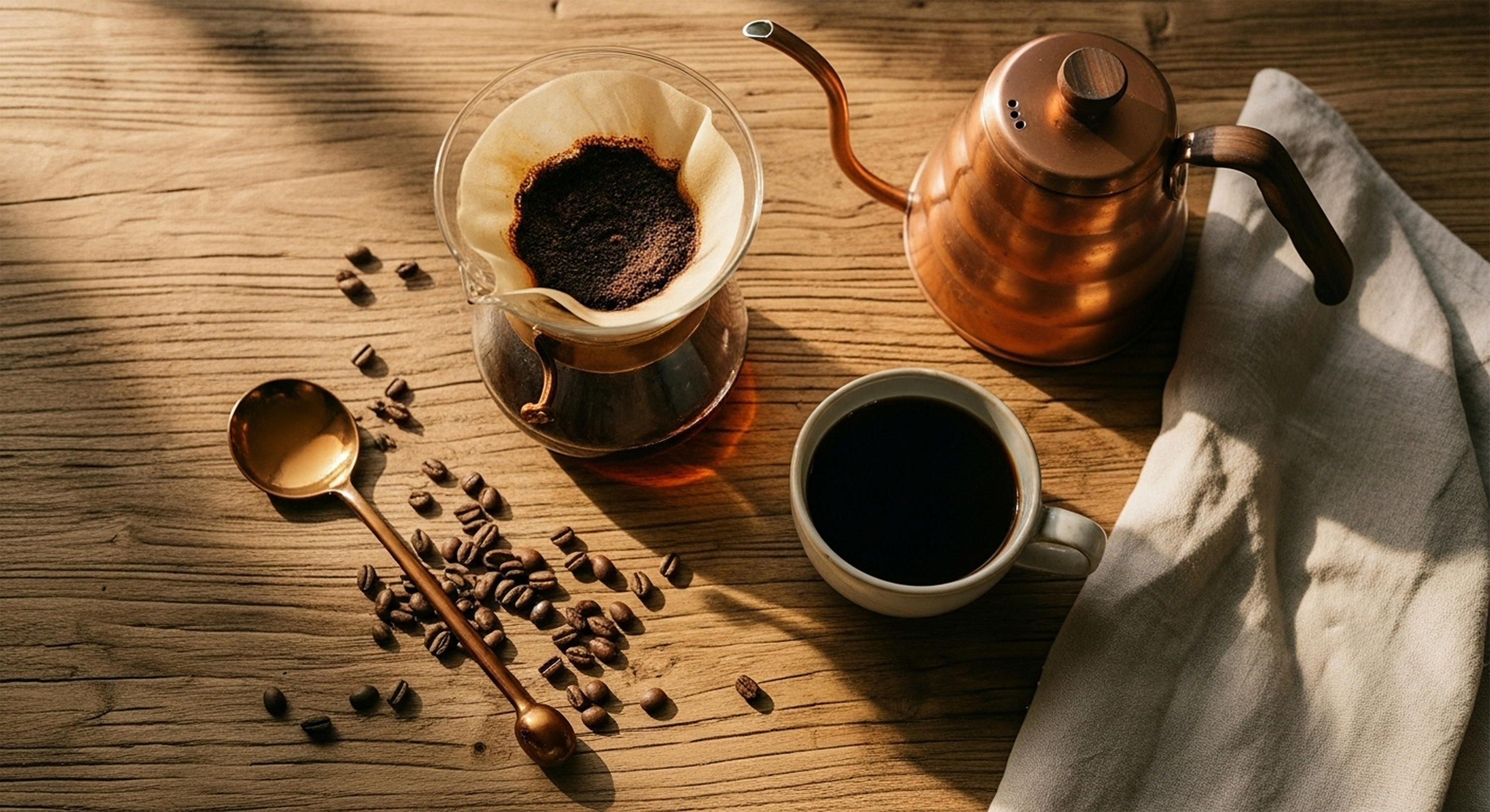 Mesa de madera con preparación de café método V60 tetera de cobre y taza de café