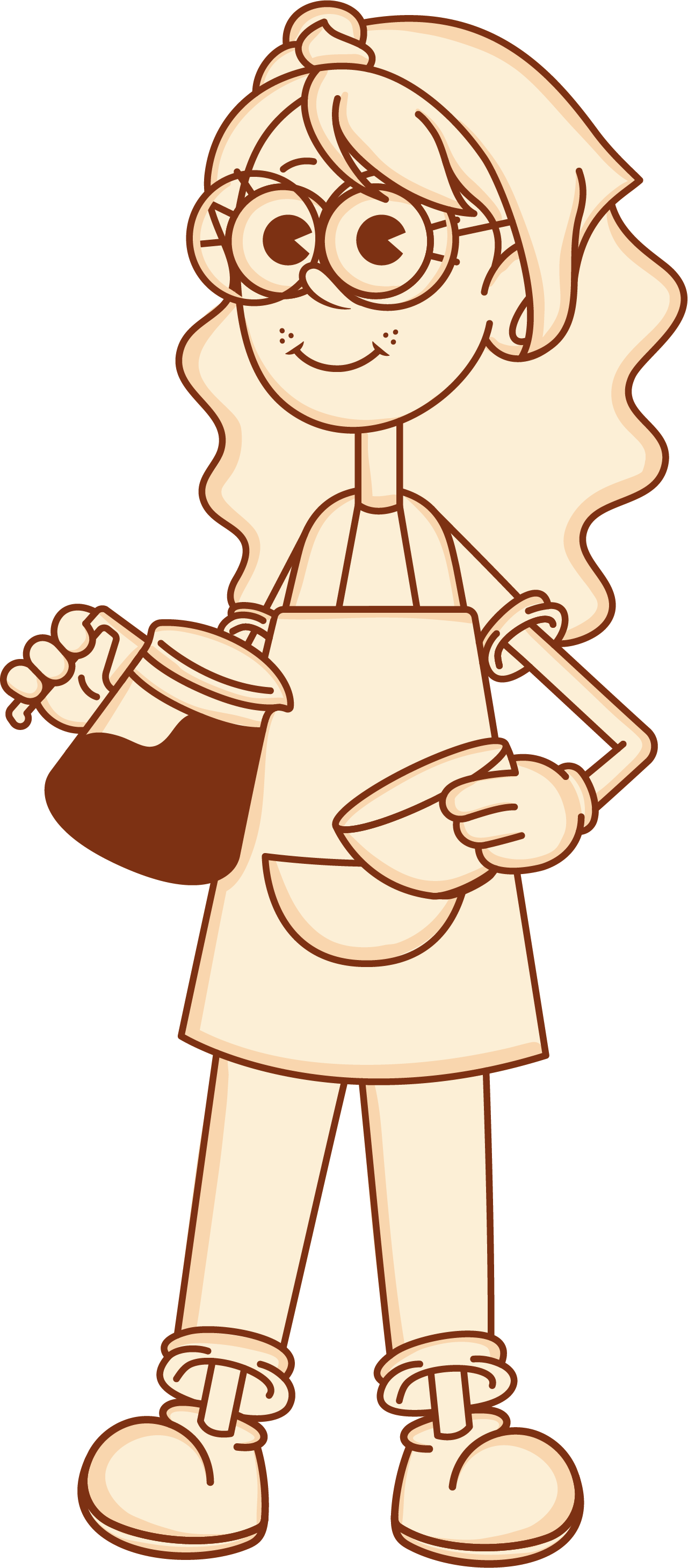 Ilustración en caricatura de barista experta con delantal y gafas, sirviendo café de especialidad. Personaje de la marca Alma de Mariposa sobre fondo color marfil.