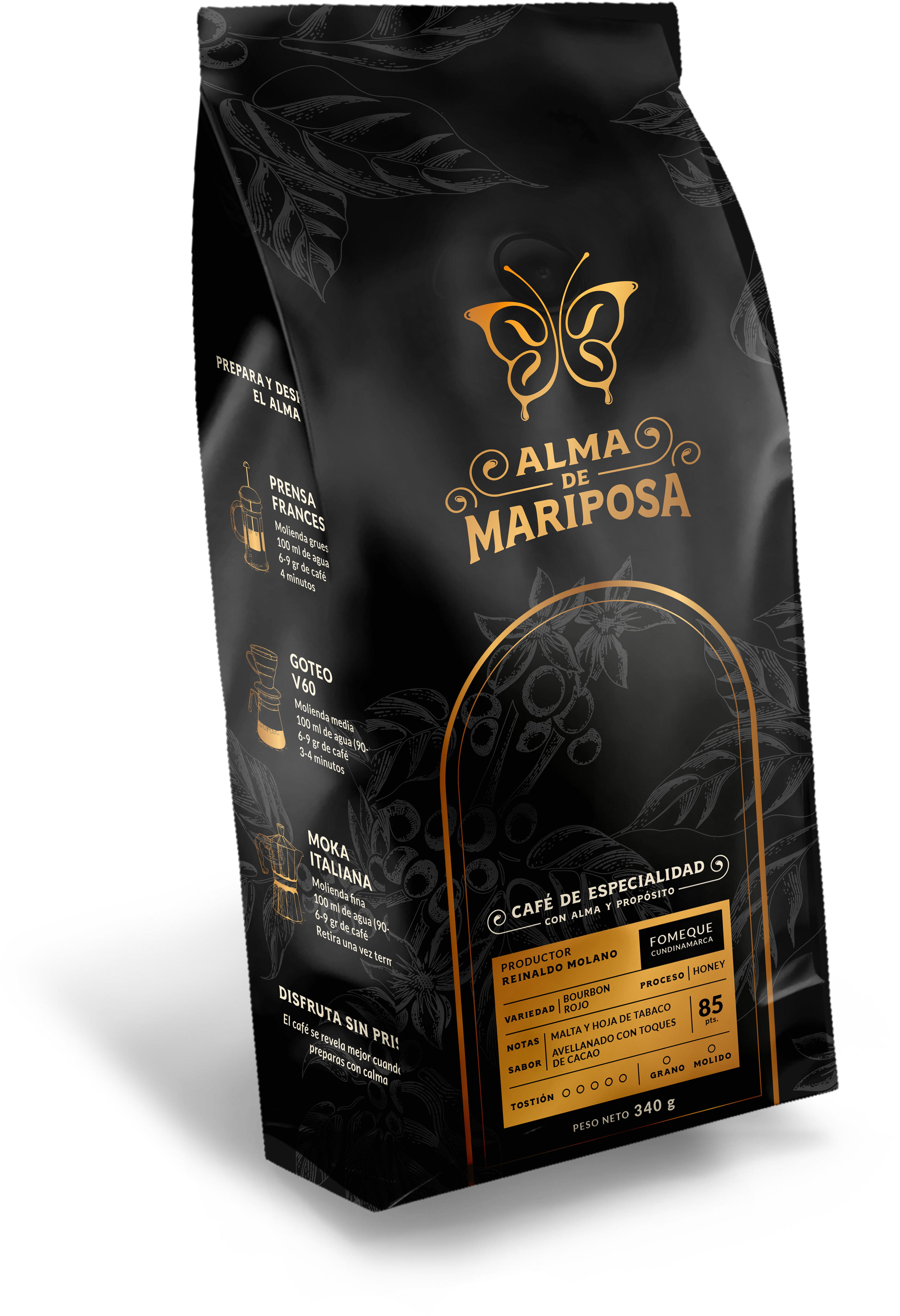 Bolsa de café Bourbon Rojo Honey de Fómeque notas avellana y cacao Alma de Mariposa