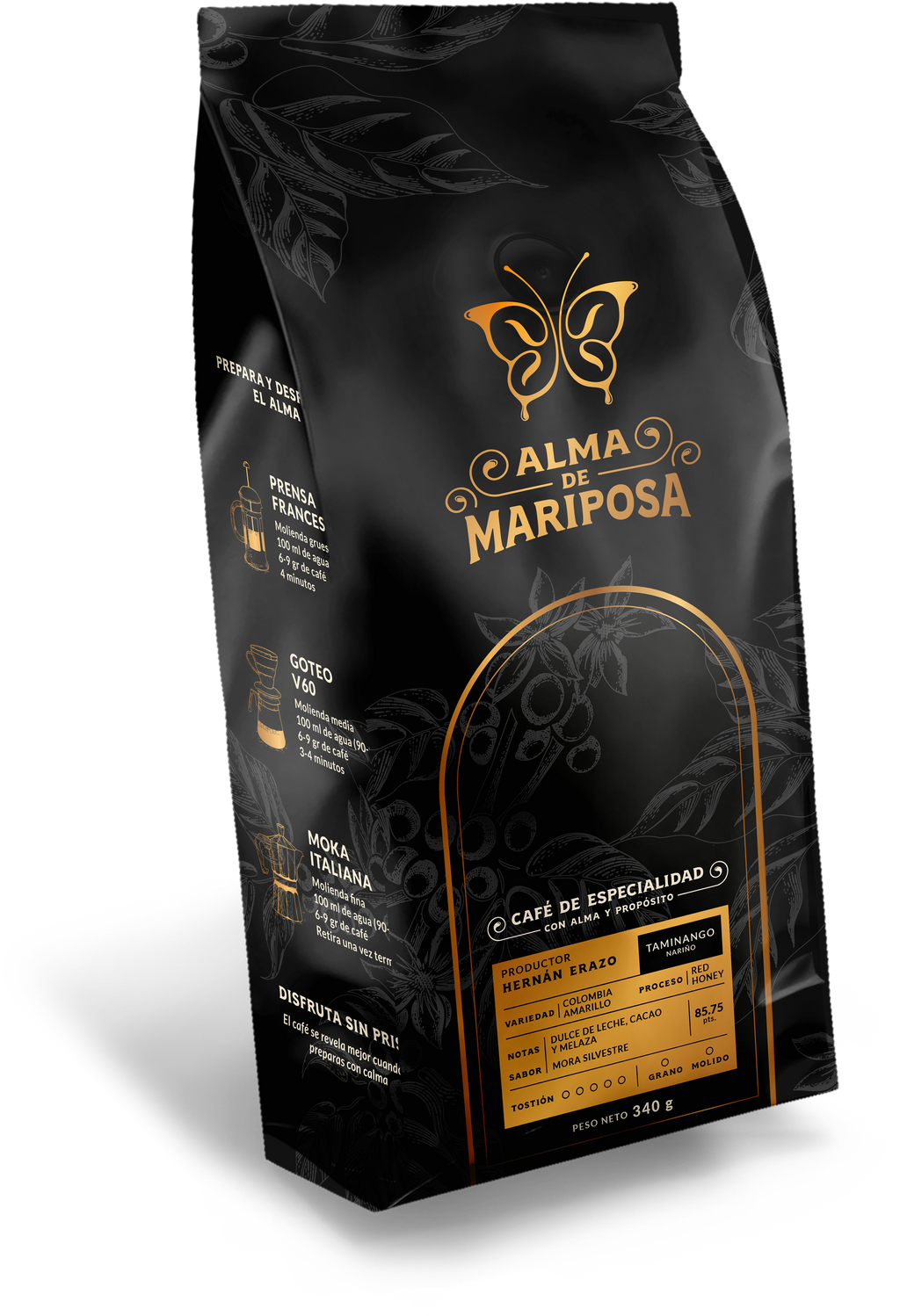 Bolsa de café Colombia Amarillo Red Honey de Nariño notas dulce de leche Alma de Mariposa