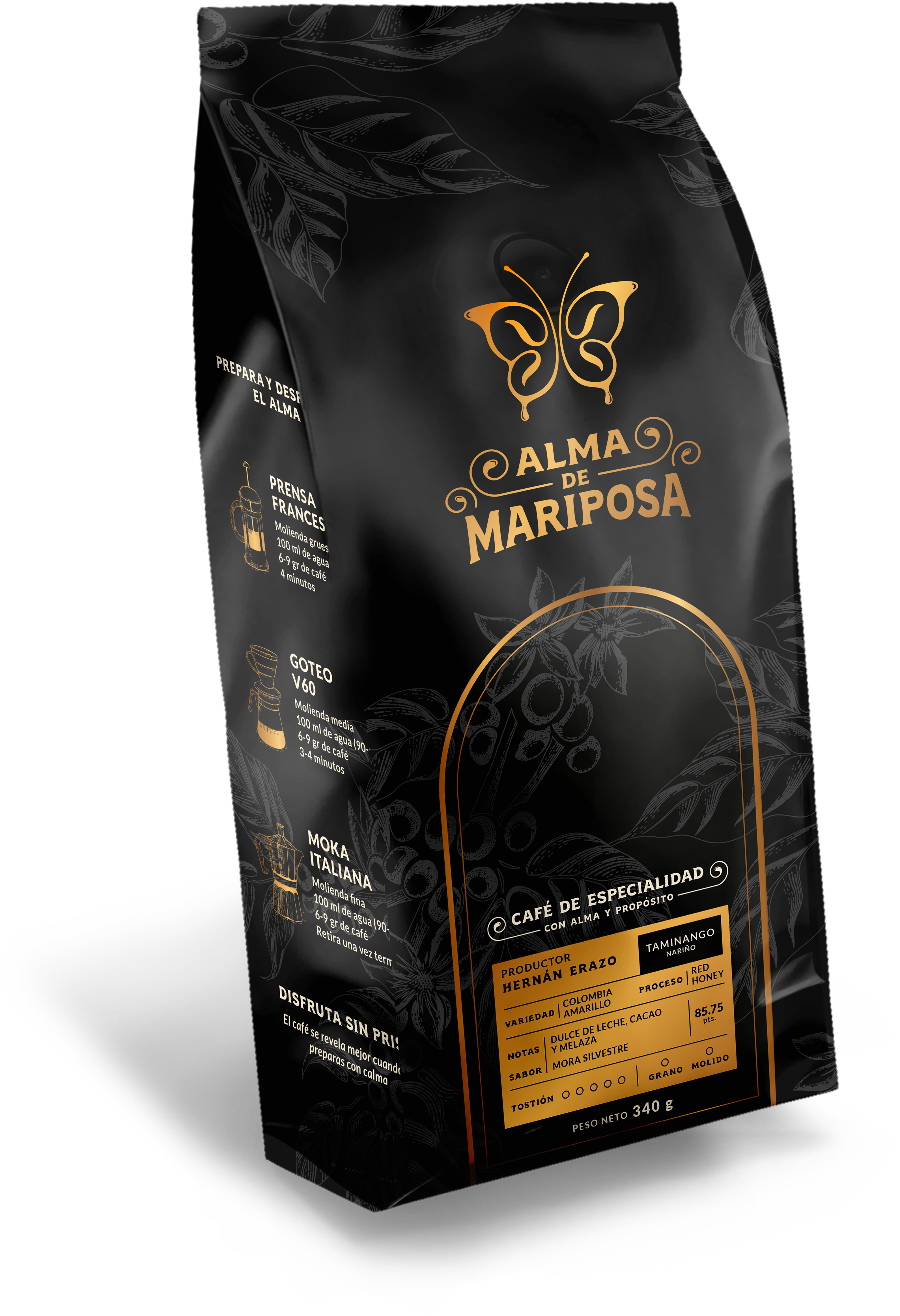Bolsa de café Colombia Amarillo Red Honey de Nariño notas dulce de leche Alma de Mariposa
