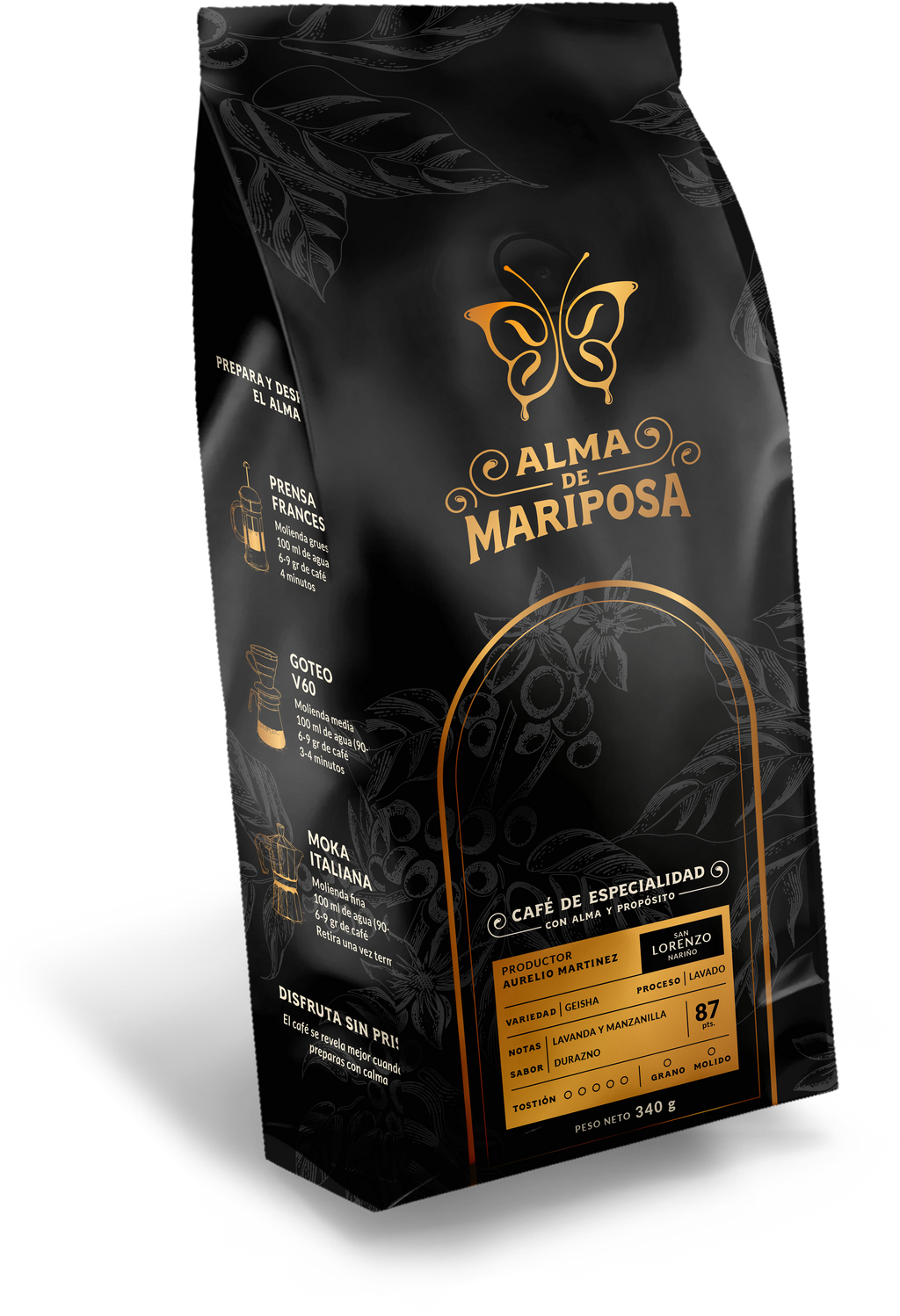 Bolsa de café Geisha de Nariño San Lorenzo notas lavanda y durazno Alma de Mariposa