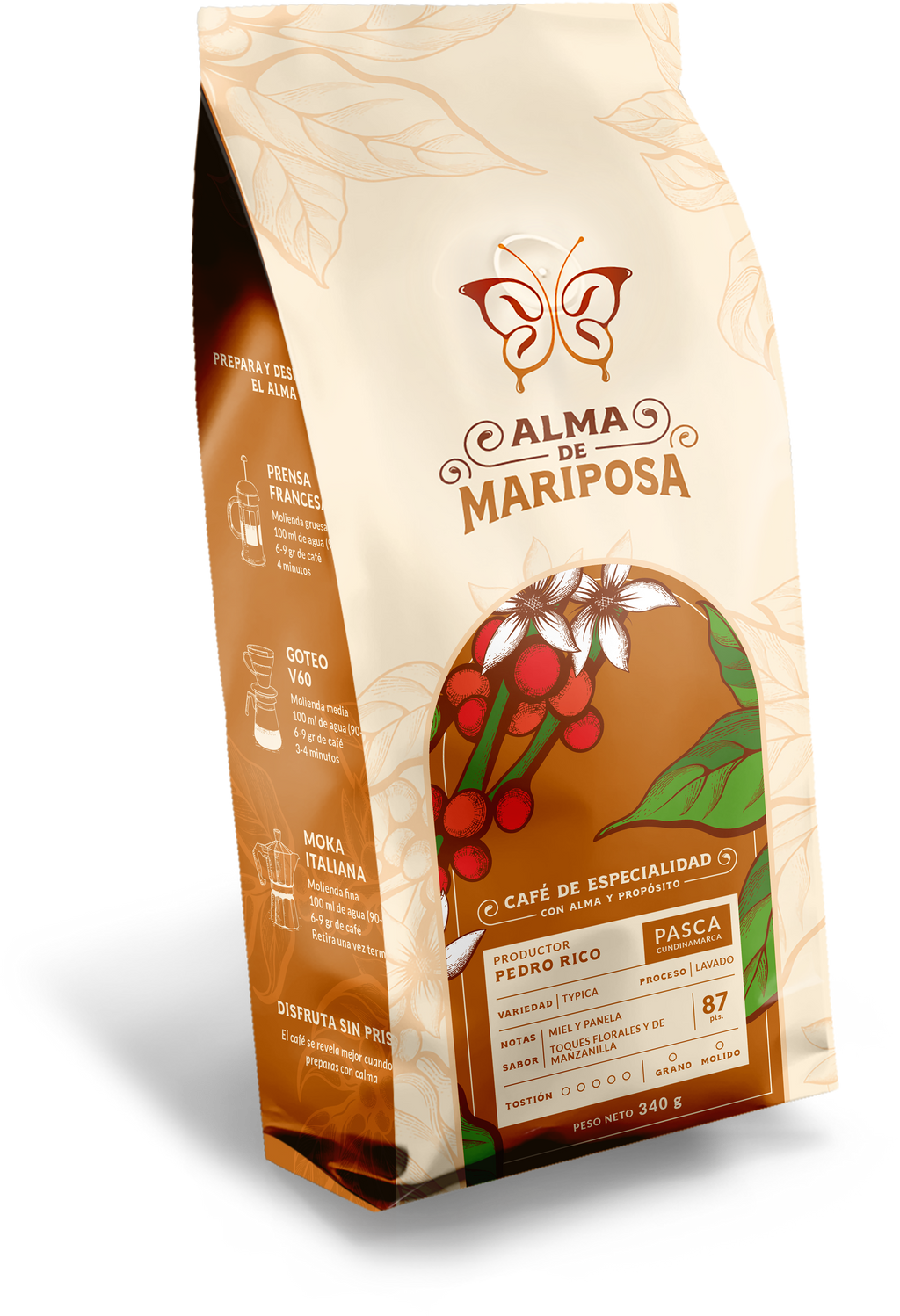 Bolsa de café variedad Typica de Pasca Cundinamarca Alma de Mariposa notas miel