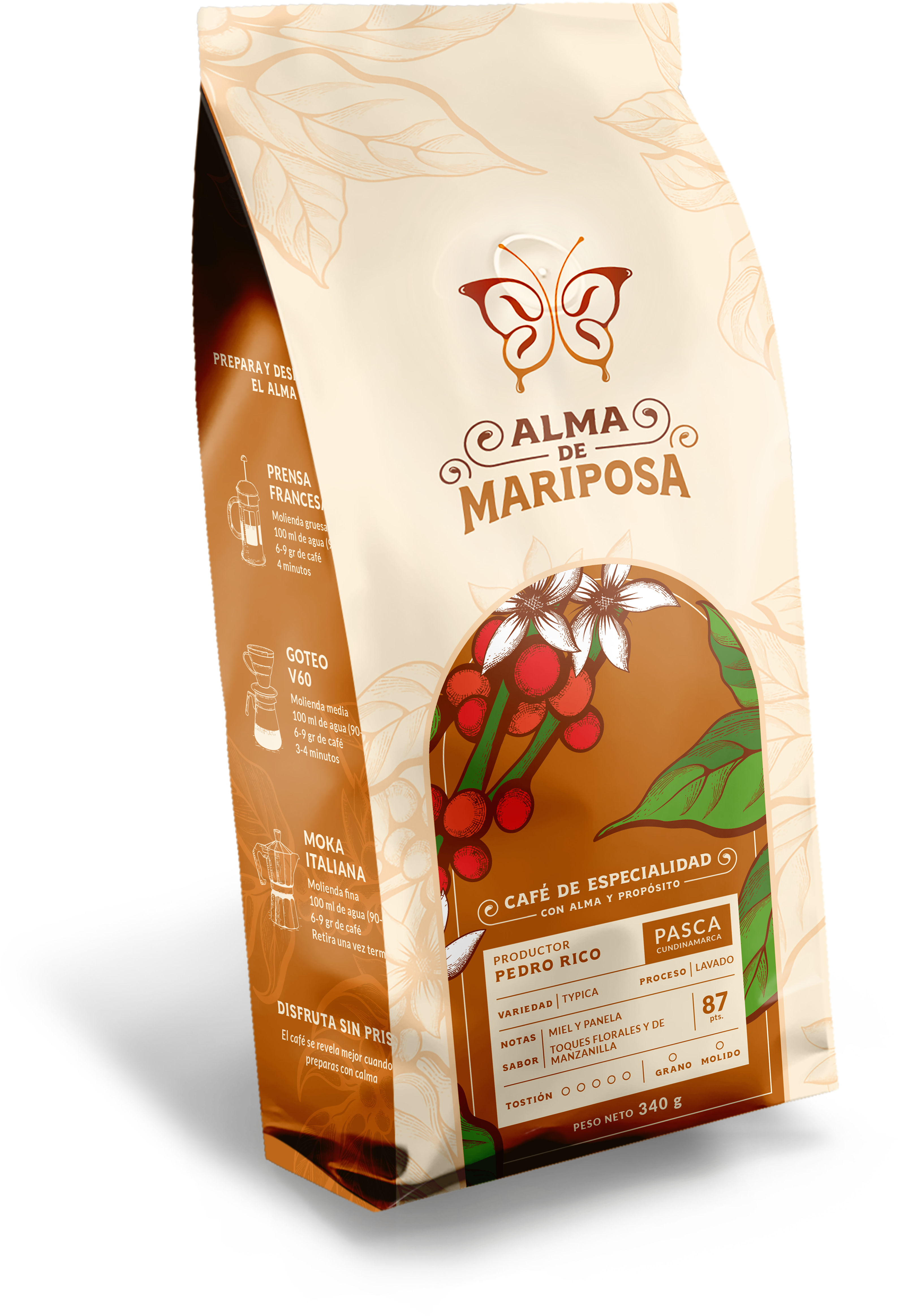 Bolsa de café variedad Typica de Pasca Cundinamarca Alma de Mariposa notas miel