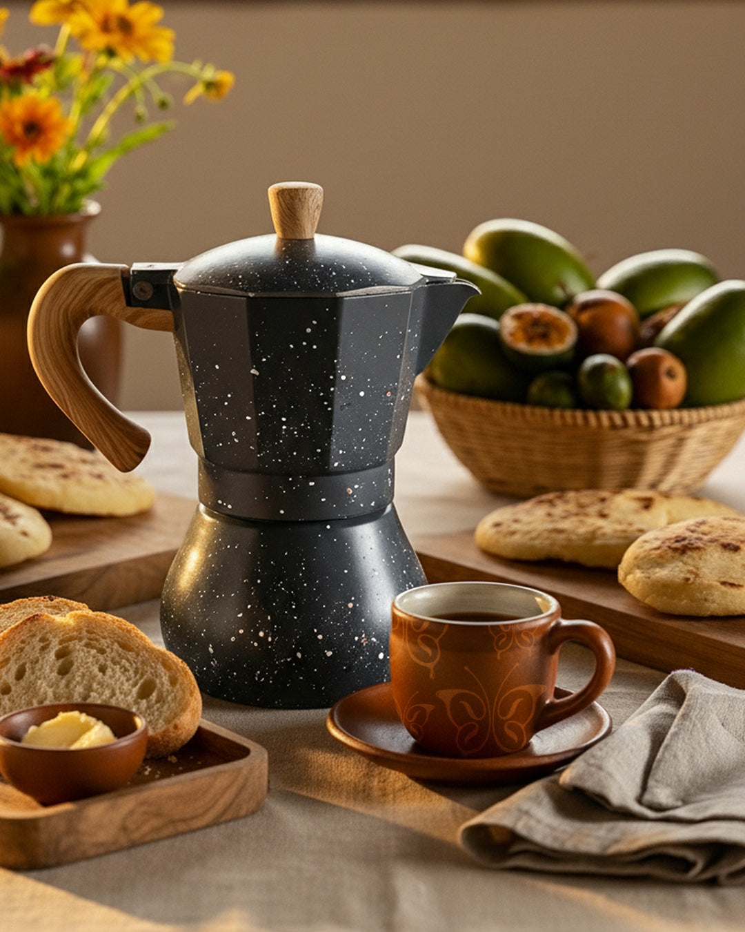Desayuno colombiano con cafetera Moka estilo nórdico, taza de café, arepas y frutas. Mesa rústica con greca de diseño piedra y madera.