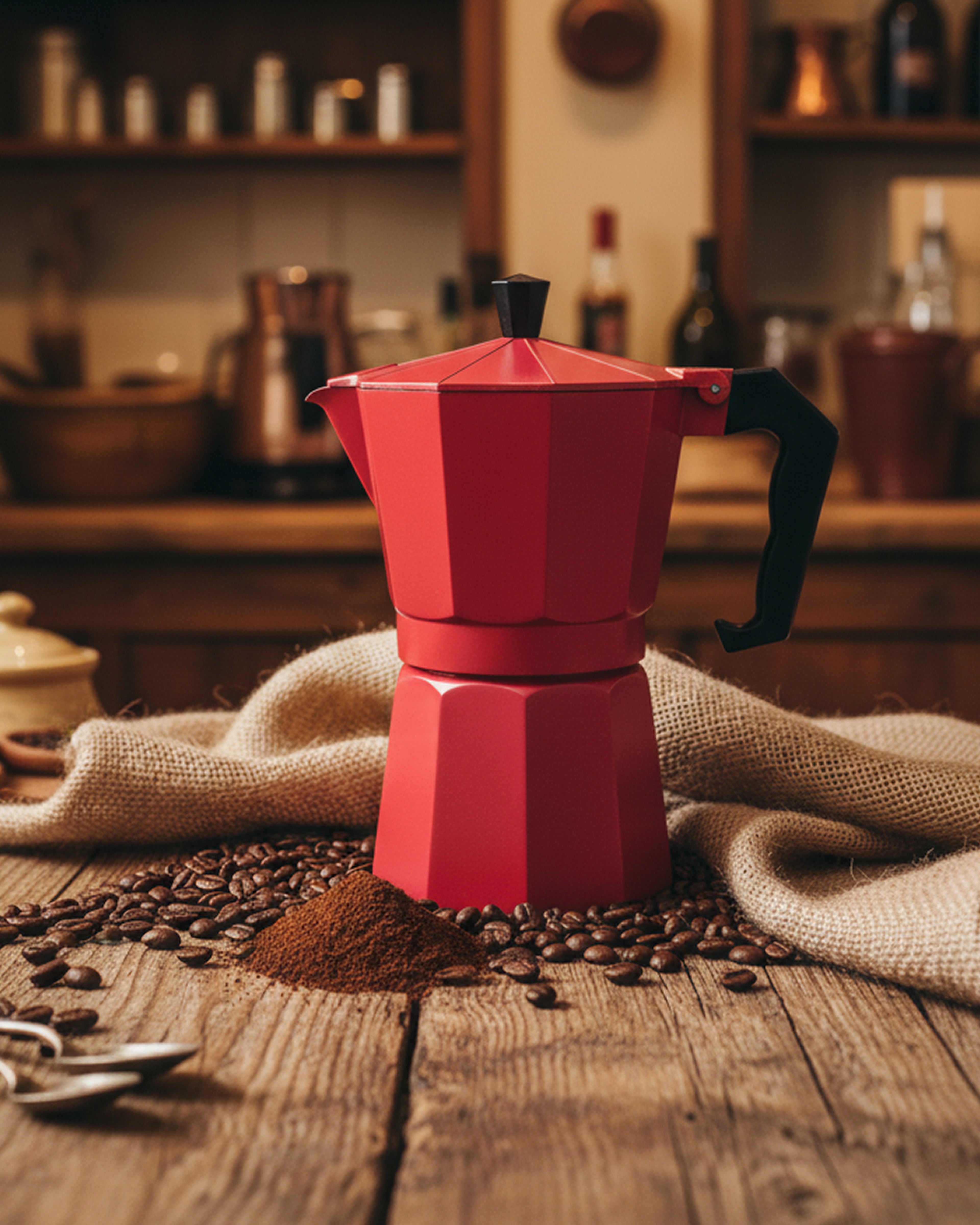 Cafetera Moka italiana en color rojo mate sofisticado, diseño moderno para amantes del café fuerte.