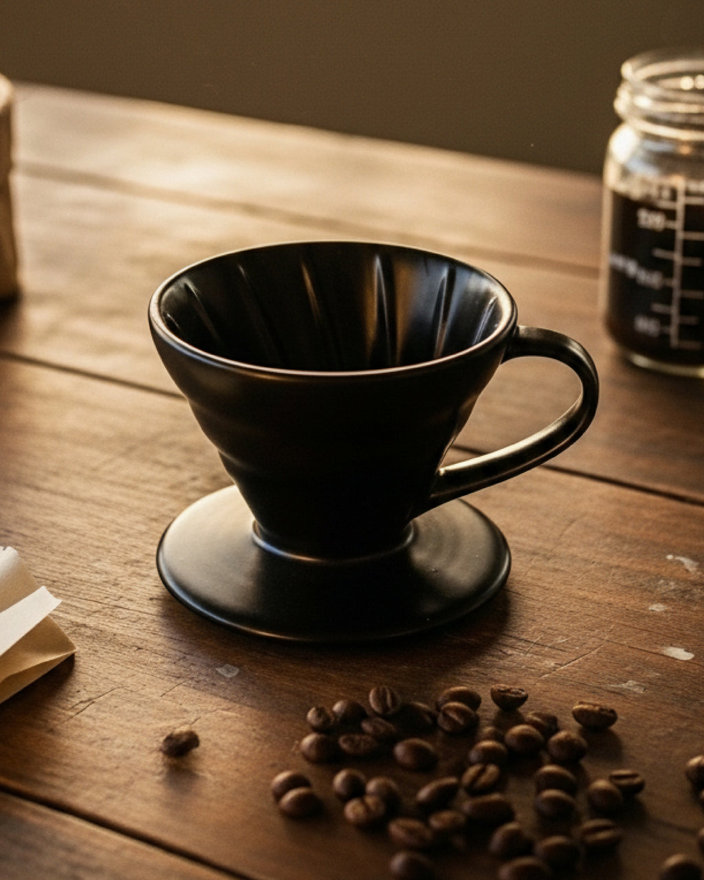 -Dripper V60 de cerámica negra mate sobre una mesa de madera rústica con granos de café esparcidos y luz cálida de atardecer.
-Accesorio profesional para preparar café filtrado en casa con el ritual de Alma de Mariposa.