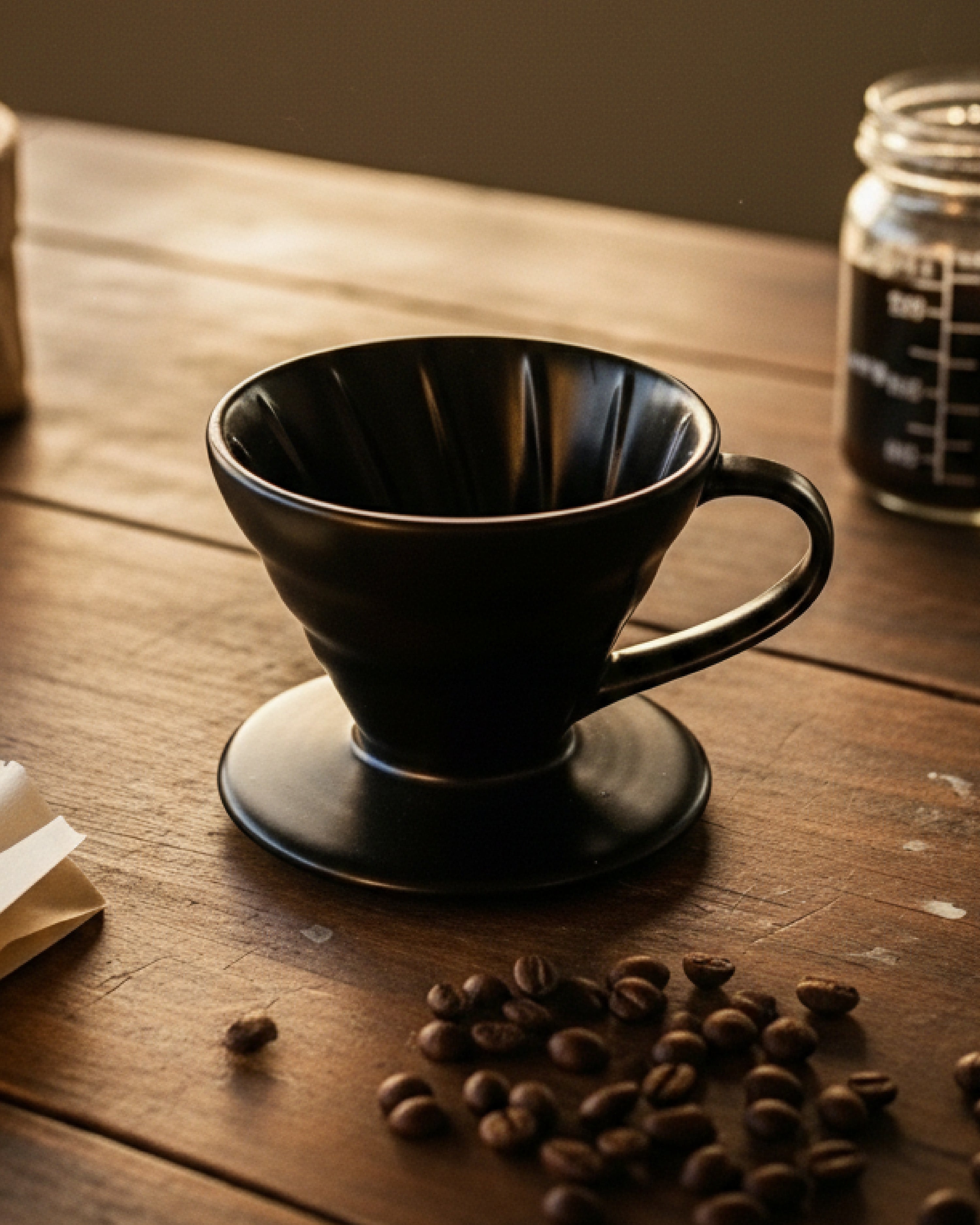 -Dripper V60 de cerámica negra mate sobre una mesa de madera rústica con granos de café esparcidos y luz cálida de atardecer.
-Accesorio profesional para preparar café filtrado en casa con el ritual de Alma de Mariposa.