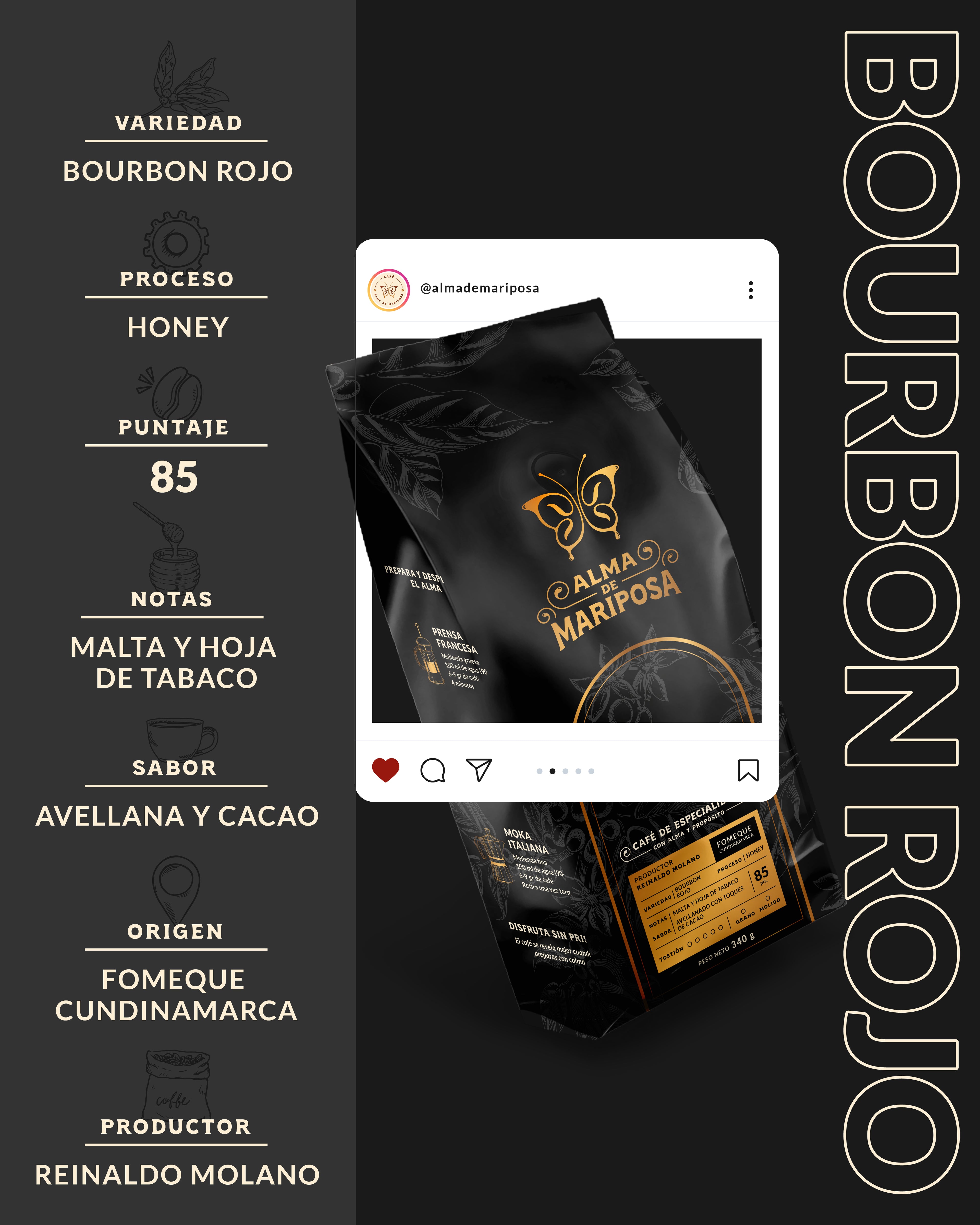 Ficha técnica café Bourbon Rojo Honey Reinaldo Molano notas avellana cacao y malta Fómeque