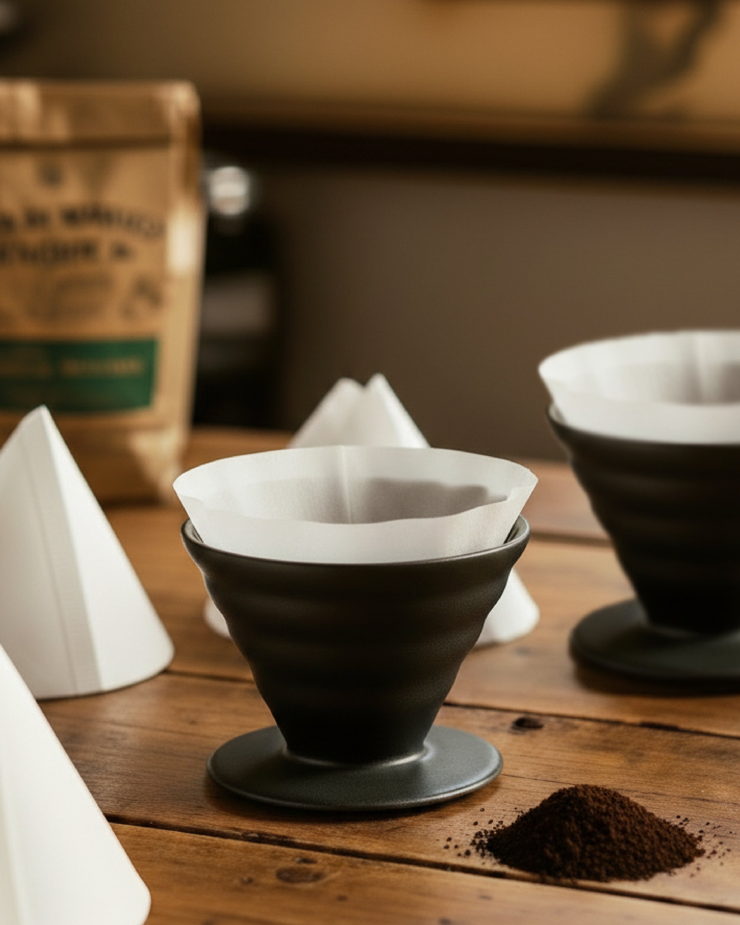 Filtro de papel blanco colocado dentro de un dripper V60 de cerámica negra mate sobre mesa de madera. Preparación técnica de café de especialidad con insumos profesionales de Alma de Mariposa.