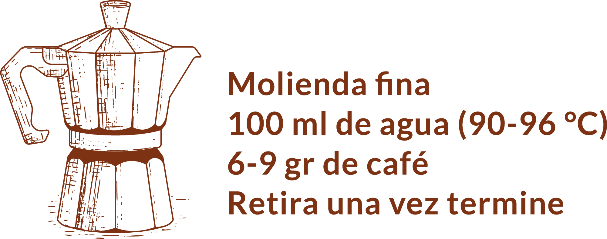 Guía receta preparación Cafetera Moka italiana molienda fina 100ml agua y 6-9g café