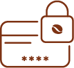 Icono de tarjeta de crédito con un candado y un grano de café, indicando que los pagos en la tienda online son 100% seguros y encriptados.