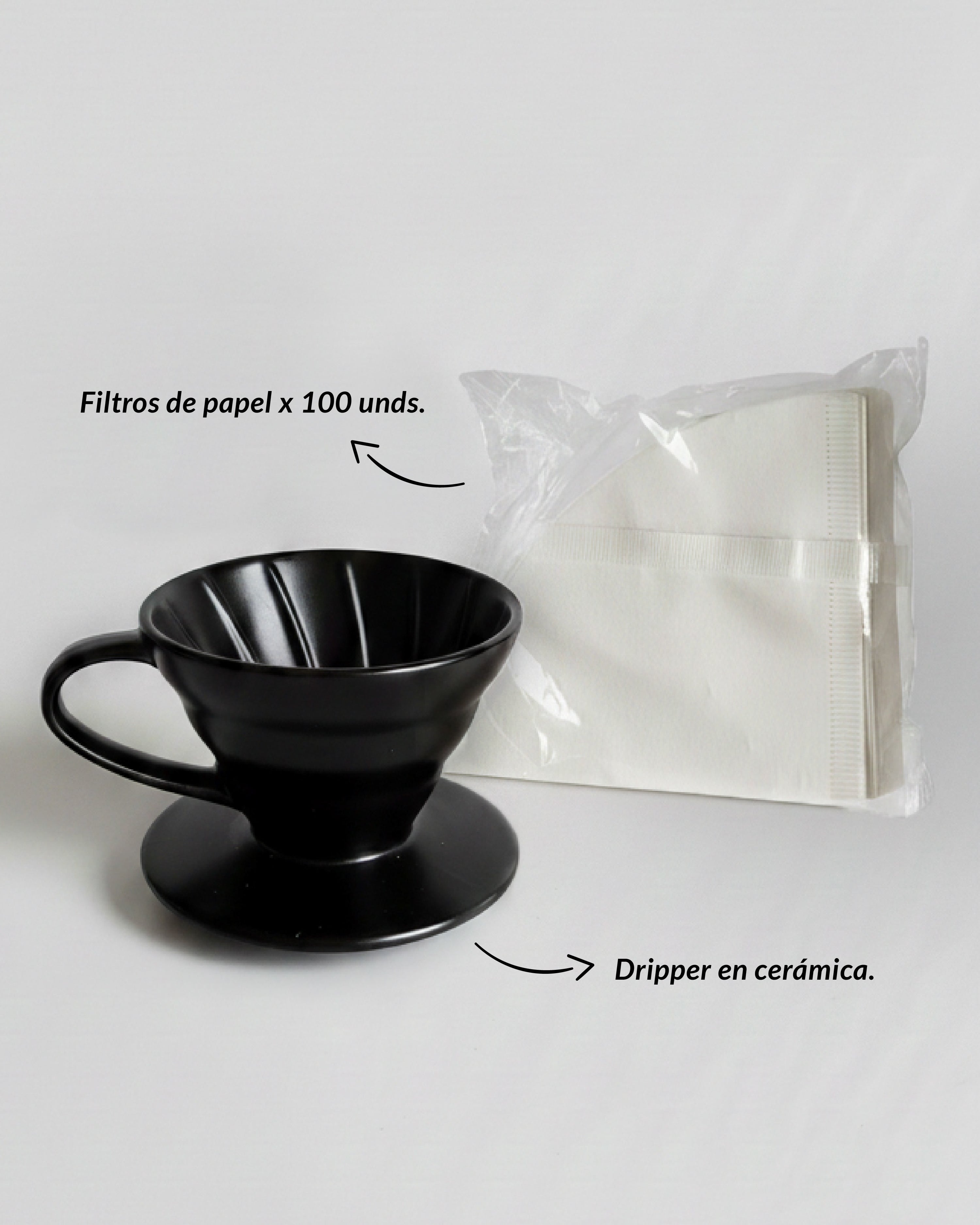 Infografía del Kit de Filtrado Alma de Mariposa que incluye un Dripper V60 de cerámica negra y un paquete de 100 unidades de filtros de papel blancos.