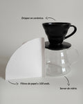 Infografía del Kit de Filtrado Profesional de Alma de Mariposa. Incluye Dripper de cerámica negra, Server de vidrio de 360ml y paquete de 100 filtros de papel.