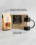Infografía del Kit Ritual Inmersión de Alma de Mariposa. Incluye opciones de café de especialidad de 250g, caja de regalo ilustrada y prensa francesa negra de 350ml.