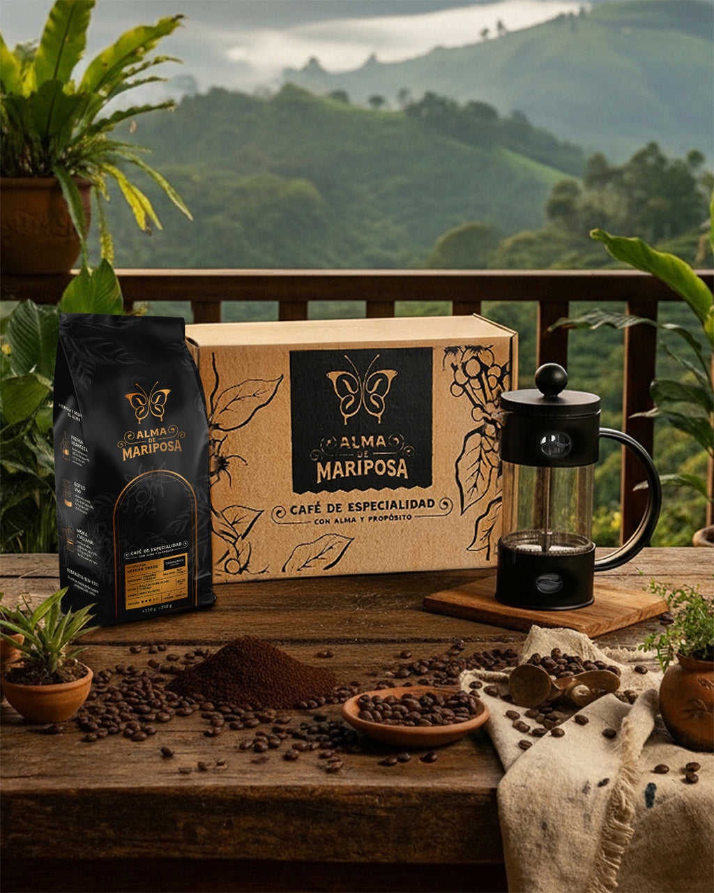 Kit de café de especialidad Colombia Amarillo y Prensa Francesa personal negra. Set de regalo con caja marca Alma de Mariposa y granos de café sobre madera.