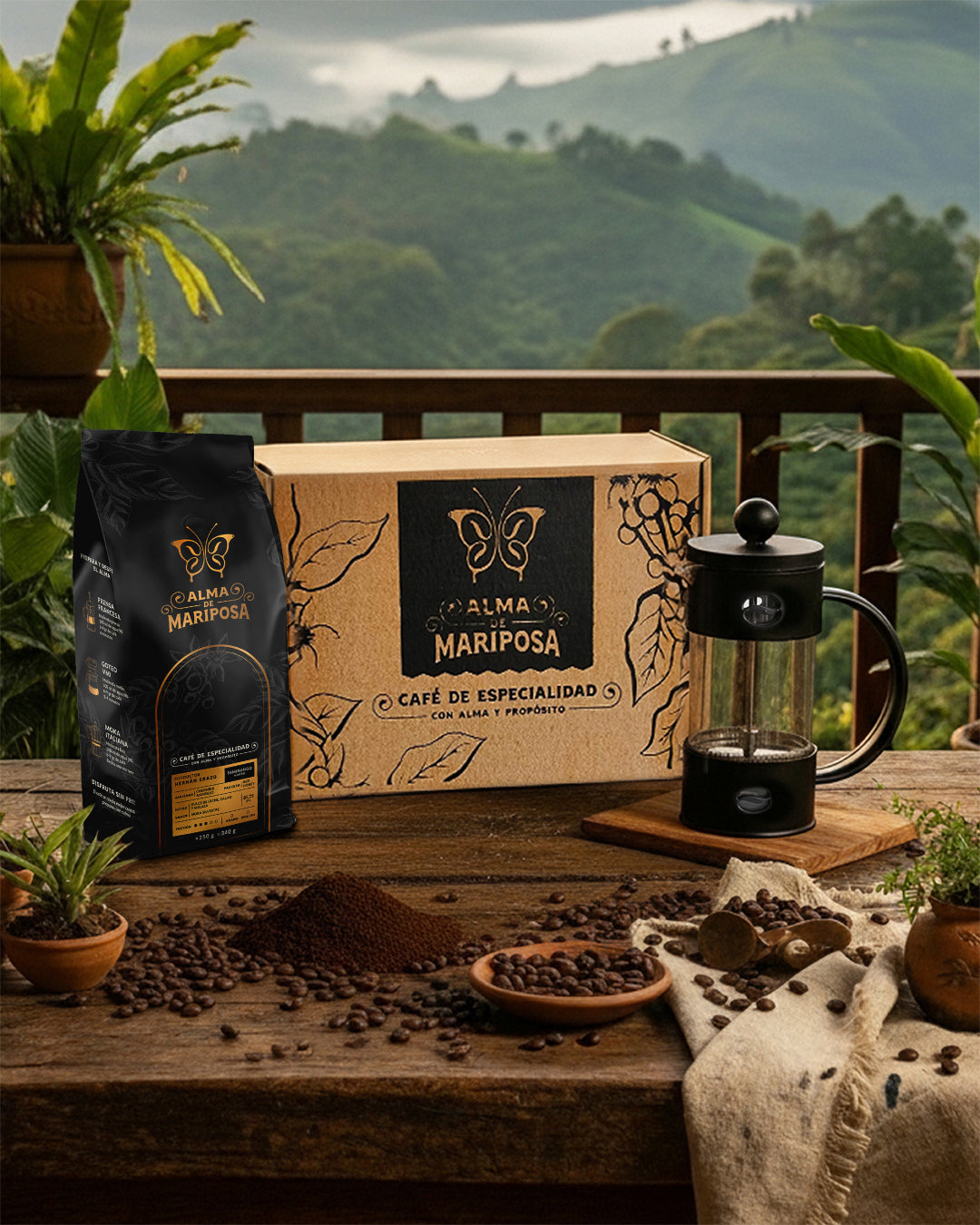 Kit de café de especialidad Colombia Amarillo y Prensa Francesa personal negra. Set de regalo con caja marca Alma de Mariposa y granos de café sobre madera.