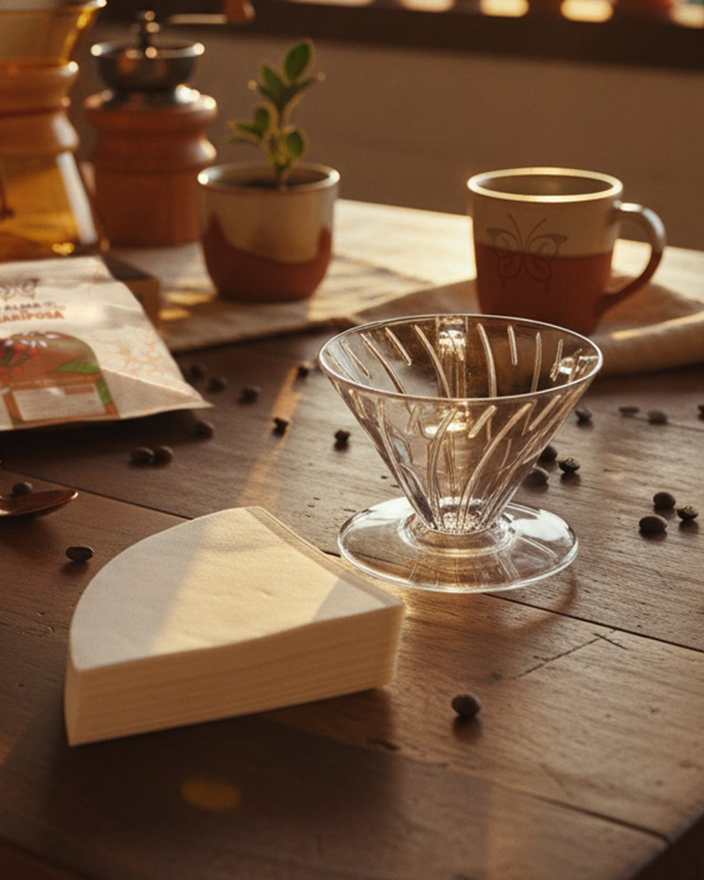 Kit de preparación de café filtrado con Dripper V60 de acrílico y filtros de papel sobre una mesa de madera rústica con granos de café y tazas de la marca Alma de Mariposa.