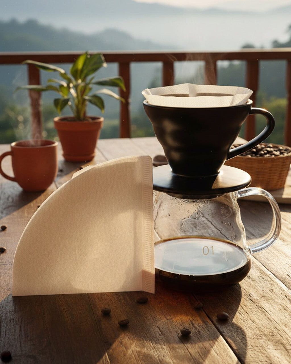 Kit de café filtrado Alma de Mariposa preparado en una terraza al atardecer. Dripper de cerámica negra sobre server de vidrio con filtros de papel en primer plano.