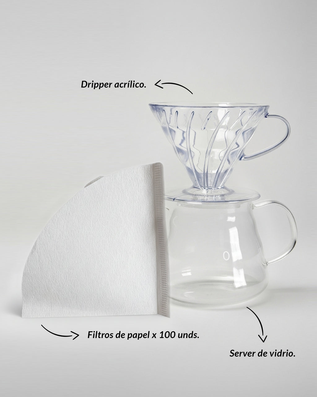 Kit de café filtrado Alma de Mariposa: Incluye Dripper V60 de acrílico transparente, Server de vidrio de 360ml y 100 filtros de papel.
