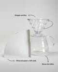 Kit de café filtrado Alma de Mariposa: Incluye Dripper V60 de acrílico transparente, Server de vidrio de 360ml y 100 filtros de papel.