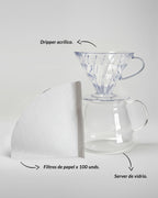 Kit de café filtrado Alma de Mariposa: Incluye Dripper V60 de acrílico transparente, Server de vidrio de 360ml y 100 filtros de papel.