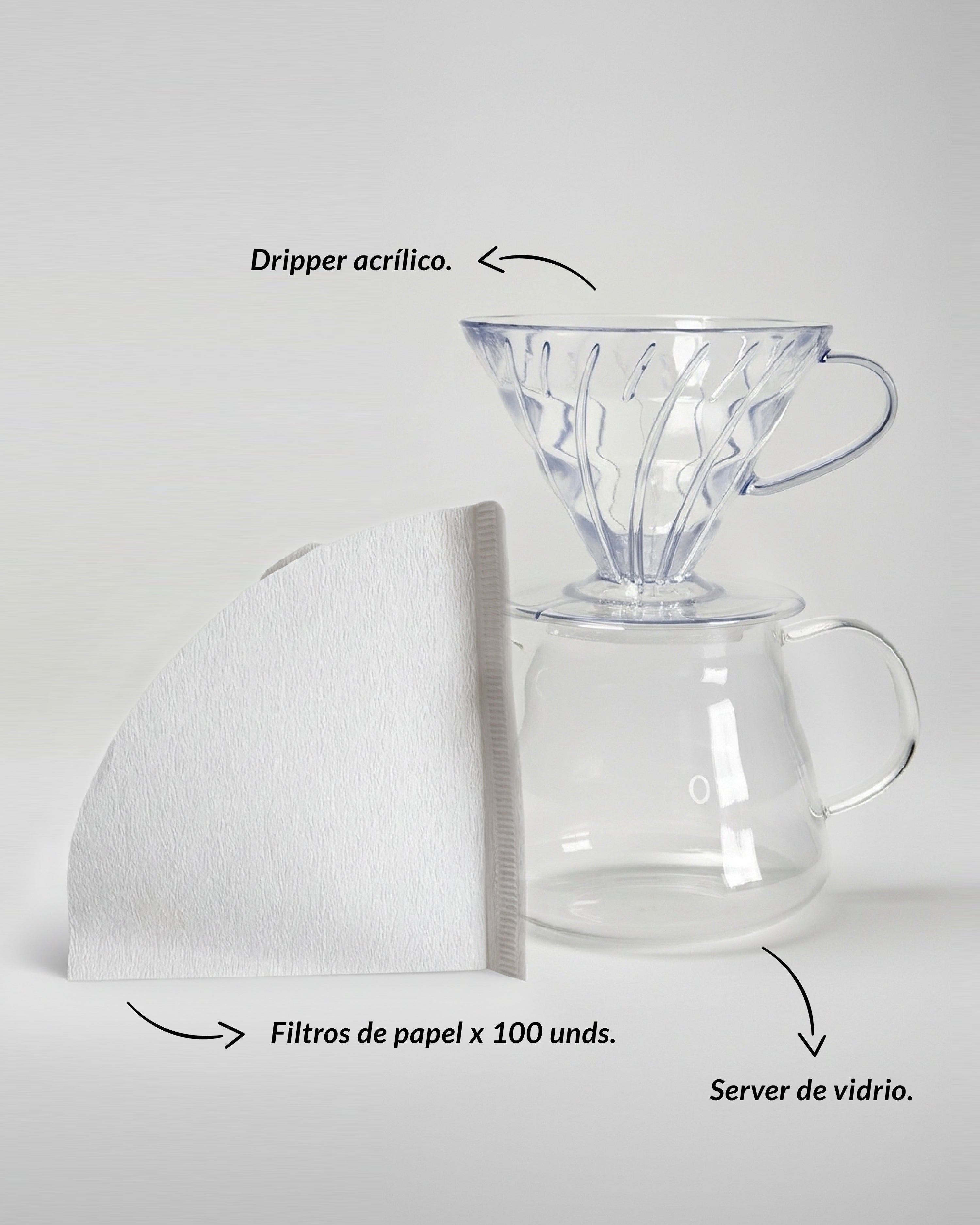 Kit de café filtrado Alma de Mariposa: Incluye Dripper V60 de acrílico transparente, Server de vidrio de 360ml y 100 filtros de papel.