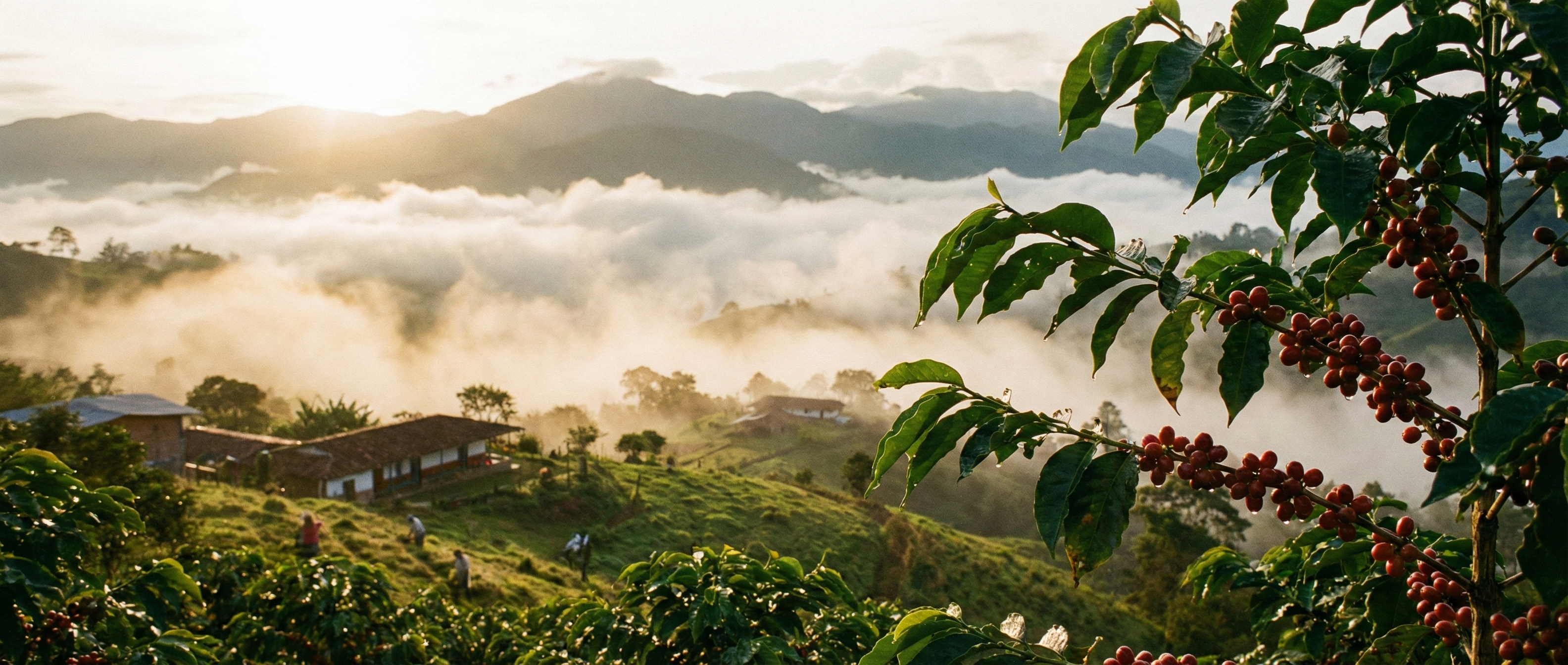 Paisaje cultural cafetero amanecer en las montañas con niebla y rama de café con cerezas rojas finca campesina Colombia