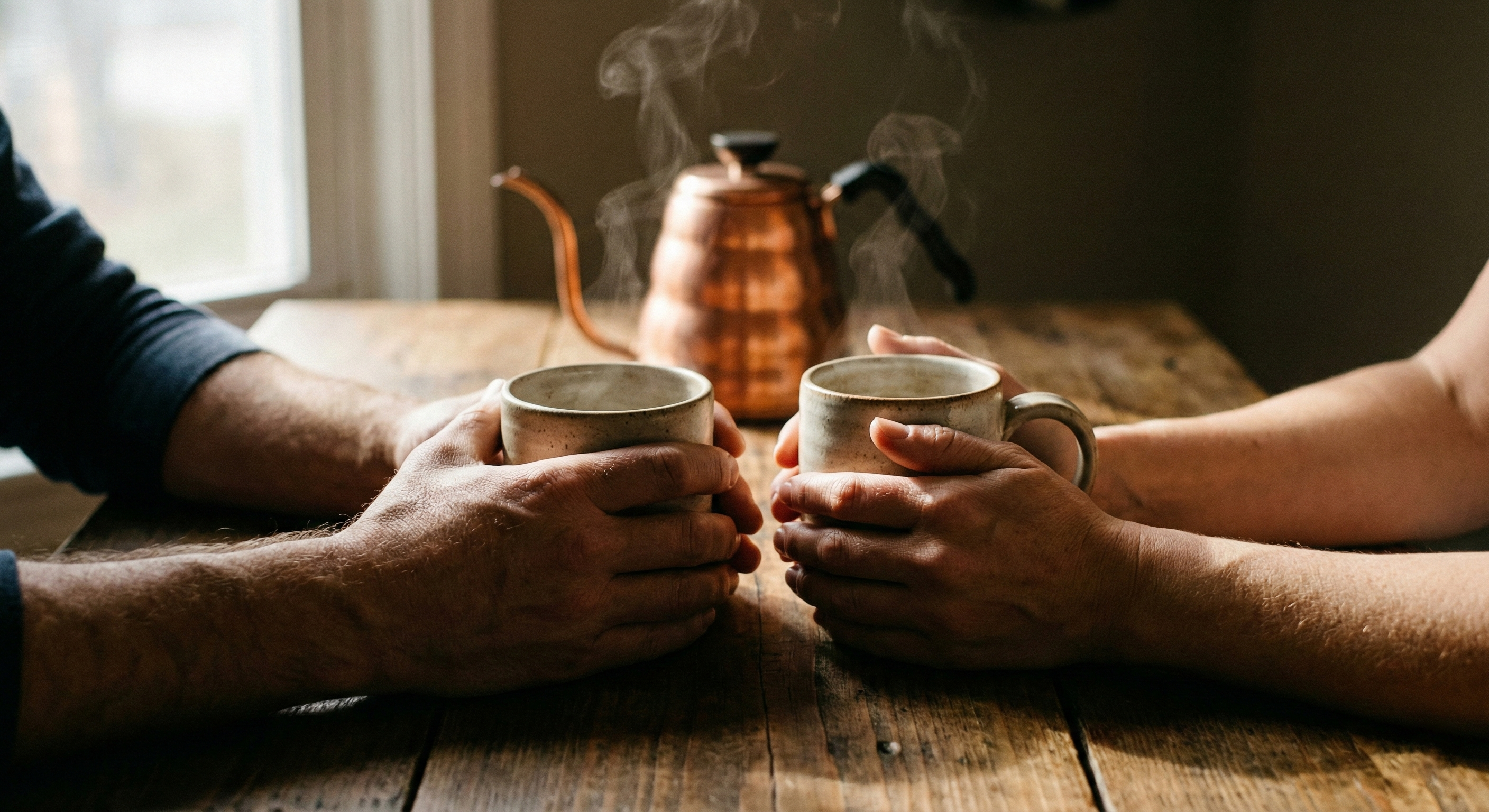 Pareja compartiendo un momento íntimo de café con tazas de cerámica humeantes y tetera de cobre sobre mesa de madera