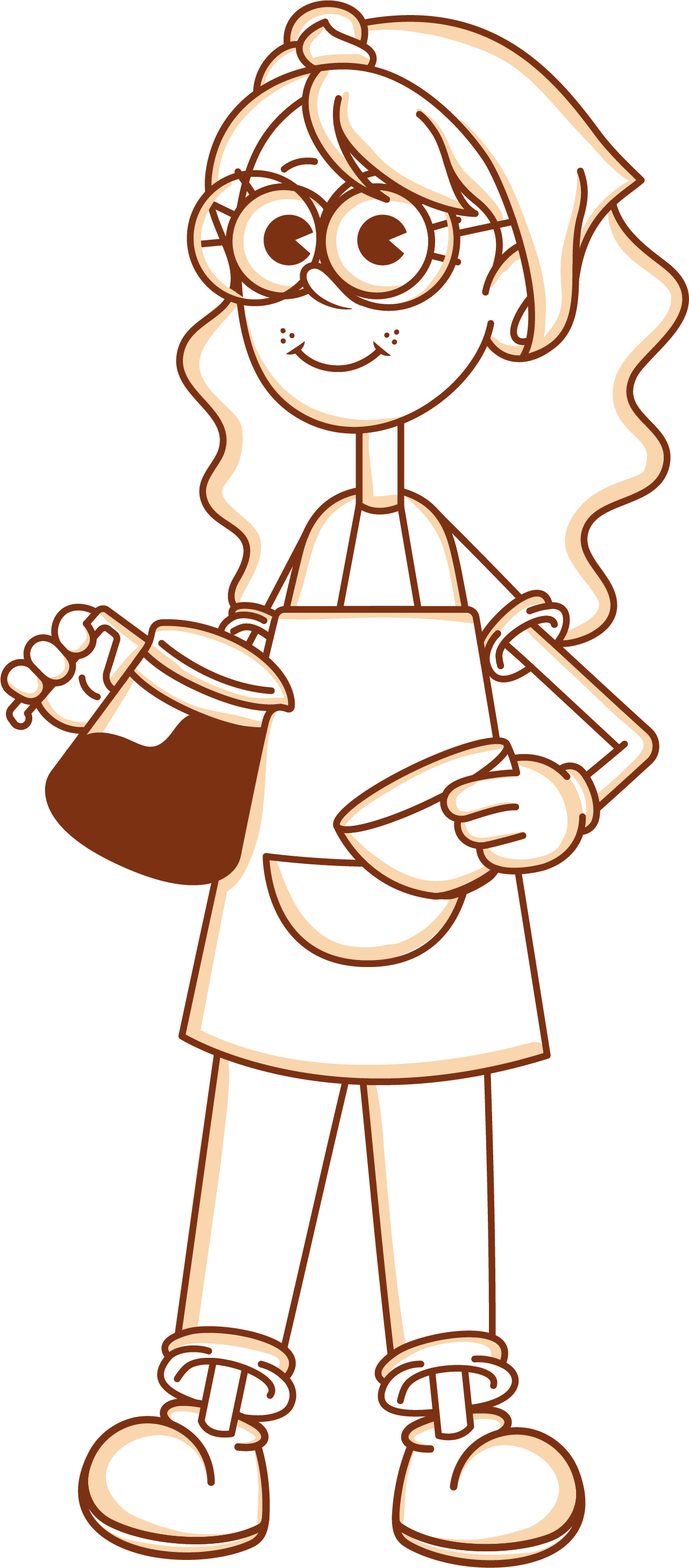 Ilustración personaje Barista de Alma de Mariposa con gafas y cafetera