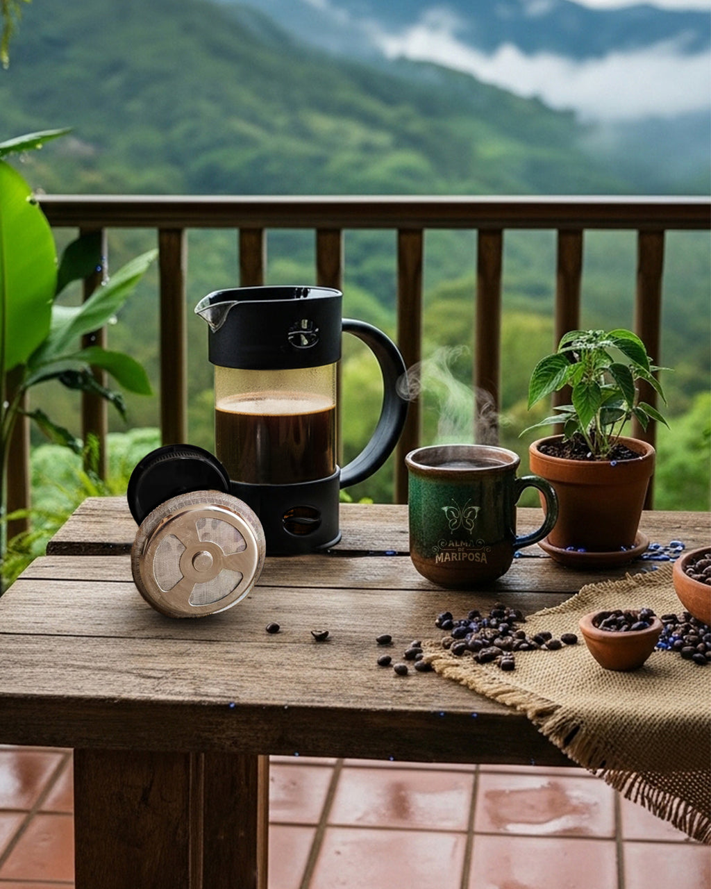 Prensa francesa negra abierta sobre mesa rústica con paisaje de montañas cafeteras de fondo. Preparación de café de origen en finca colombiana.