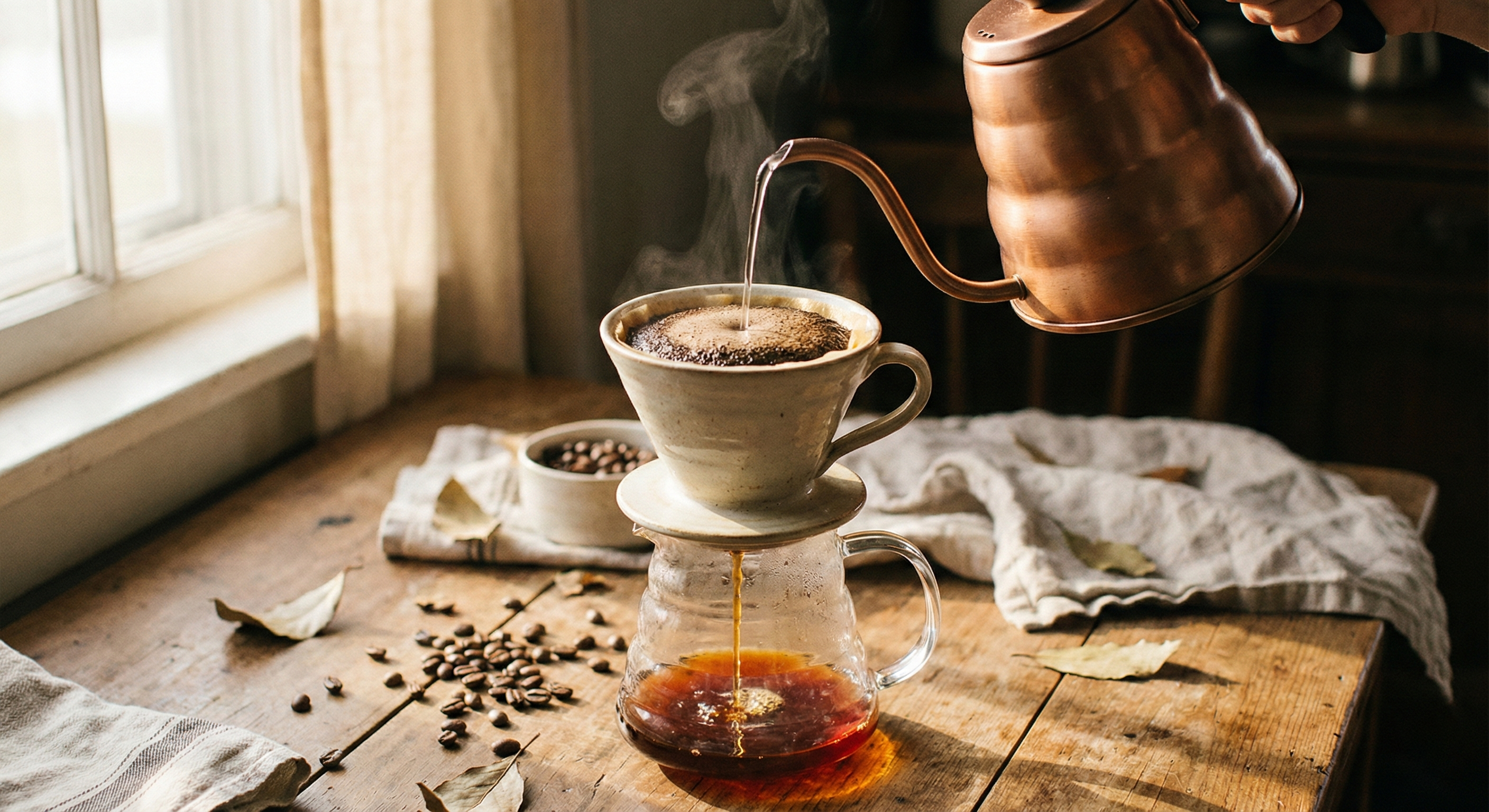 Ritual de preparación de café de especialidad método filtrado V60 con tetera de cobre