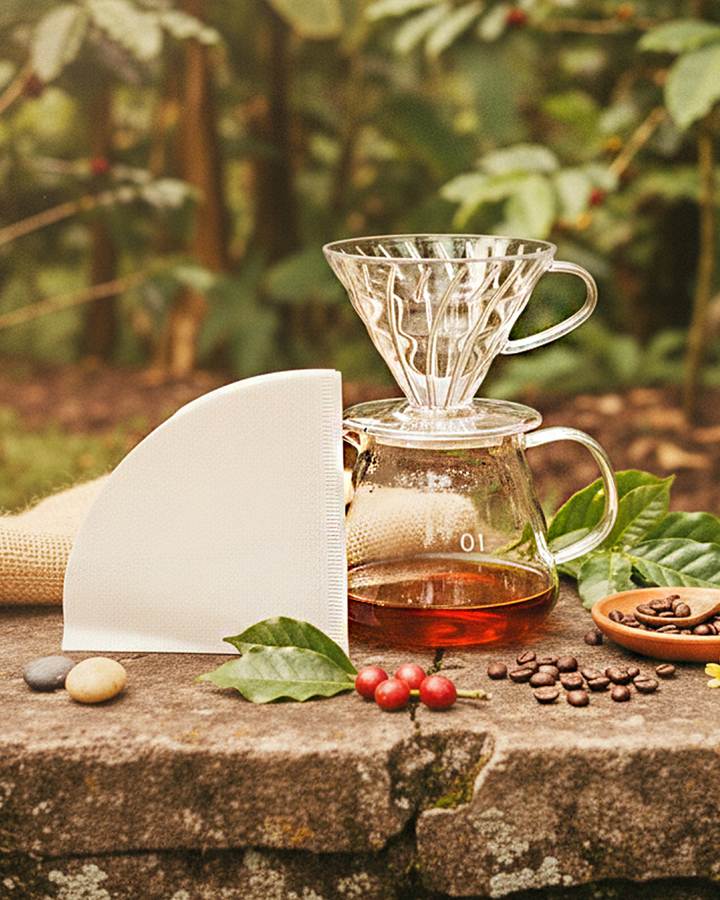 Preparación de café de especialidad con Kit V60 de acrílico y jarra de vidrio sobre mesa de madera con luz natural.