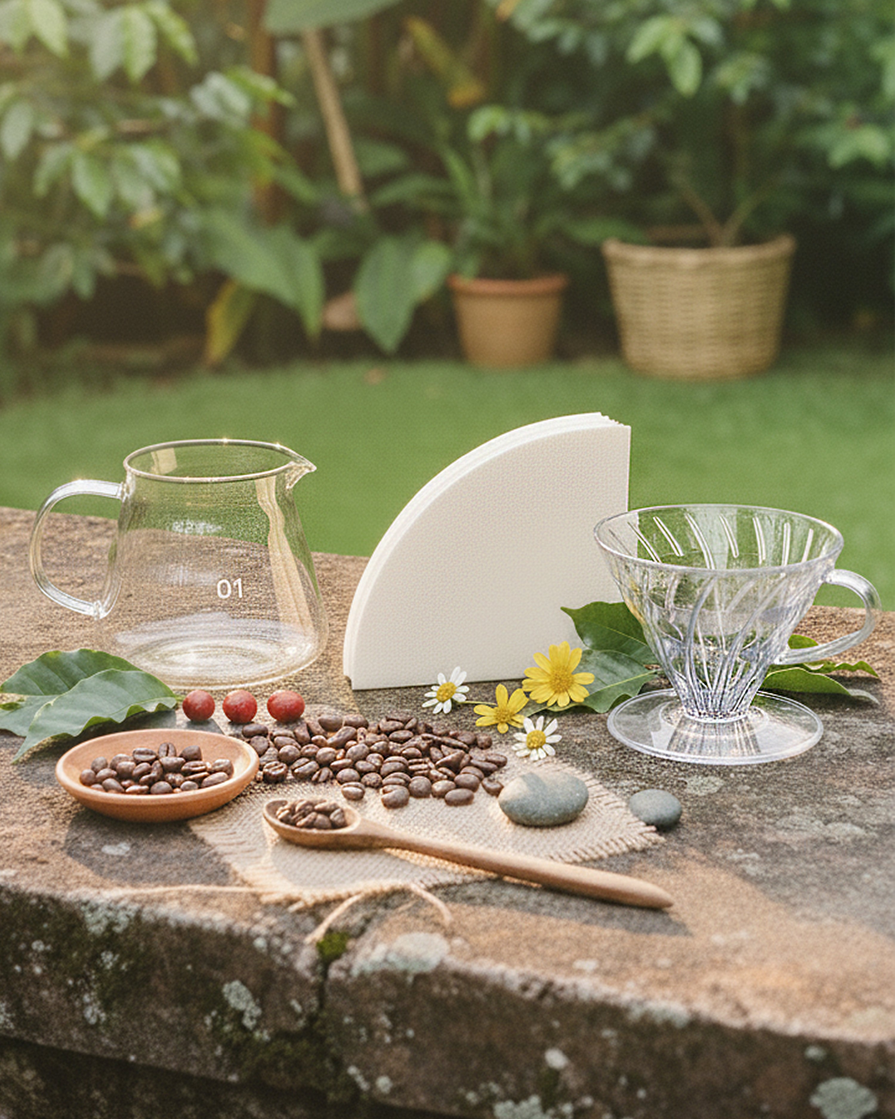 Set de barista con método de goteo en acrílico y server de vidrio, ideal para resaltar las notas del café colombiano.