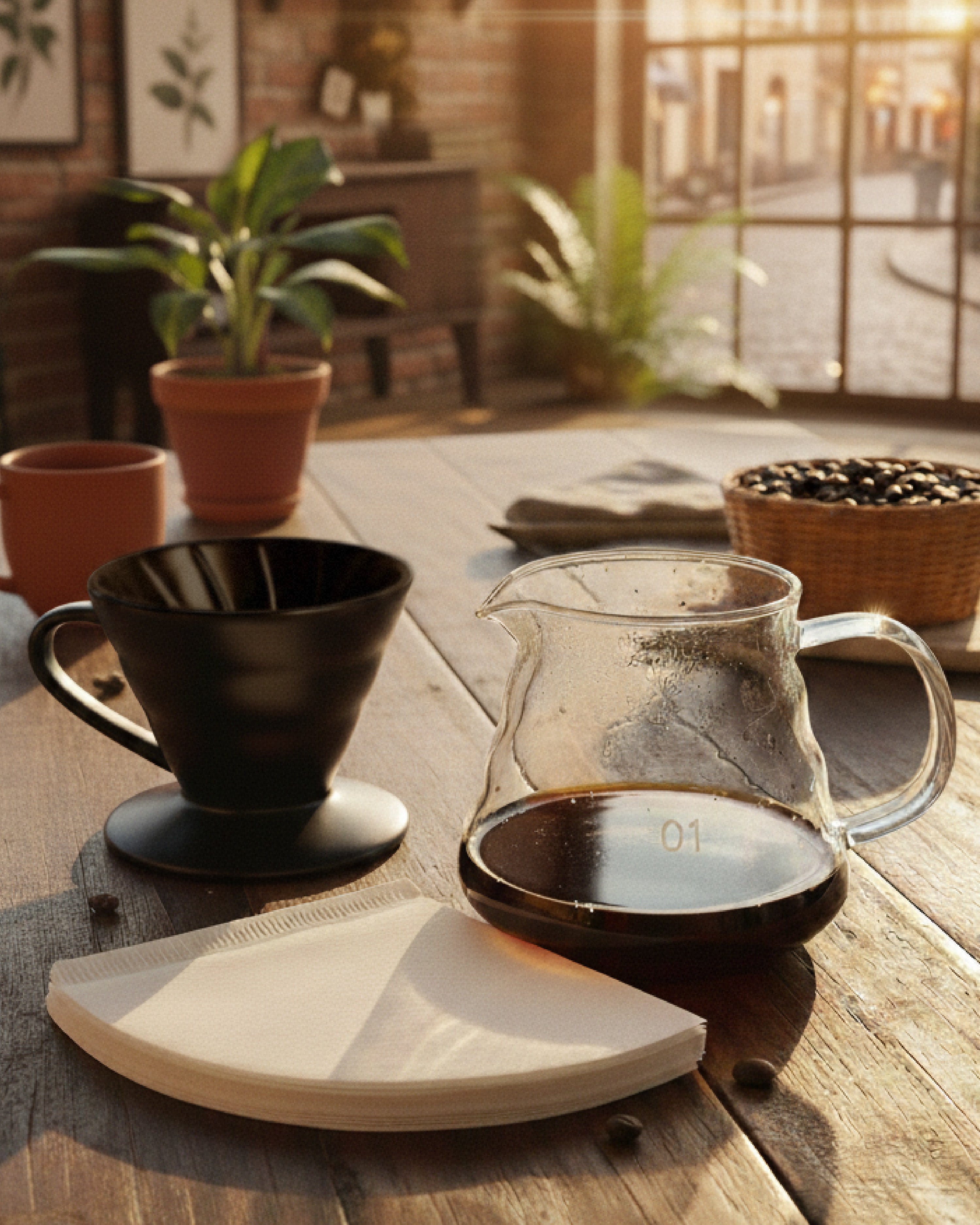 Set de barista Alma de Mariposa sobre mesa de madera rústica con plantas y luz cálida. Incluye jarra servidora de vidrio y método de goteo V60 en cerámica.